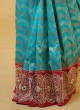 Turquoise And Red Zardosi Embroidered Saree In Banarasi Silk